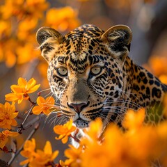 Leopard surrounded by bright orange blossoms