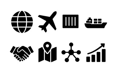 Set of black global logistics and trade icons including globe, airplane, shipping container, cargo ship, handshake, map, network, and growth chart. Flat icon style