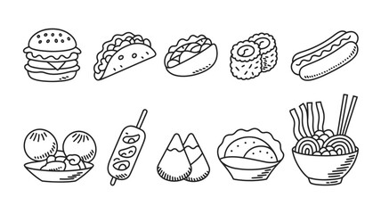 Delicious doodle food collection featuring a burger, taco, hotdog, sushi, dumpling, noodle bowl, and more for fun food-themed designs and illustrations