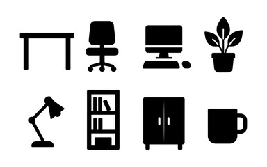 Set of black office furniture and workspace icons including desk, chair, monitor, plant, lamp, bookshelf, file cabinet, and coffee mug. Flat icon style