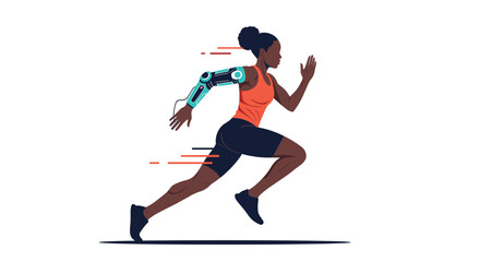 Obraz premium A Black woman with a prosthetic arm races forward with speed lines behind her.