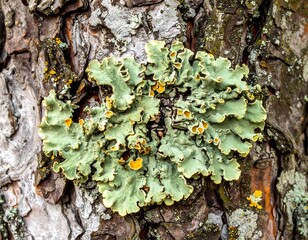Lichen on pine bark.  Close-up