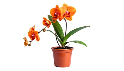 Naklejka premium An orange orchid plant in a brown pot, set against a white background