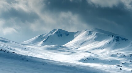 Majestic snow covered mountain range dominates a cold winter landscape under dramatic sky