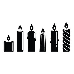 Set of six silhouette candles with different heights and textures emitting light for festive or decorative purposes silhouette