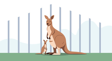 A mother kangaroo and her joey stand together on a grassy field with a soft blue background and pale gray poles.