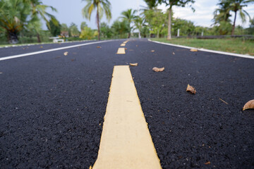 Asphalt road with yellow dashed center line stretches into distance, guiding peaceful journey...