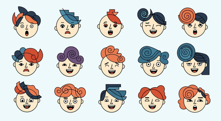 Obraz premium Diverse stylized cartoon faces showcasing various expressions and unique hairstyle designs