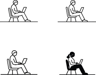 Laptop Work Silhouette Vector Featuring Seated Individuals on Chairs with Diverse Hair Styles and Tech Focus in Line Art