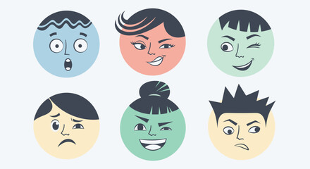 Diversity of emotions conveyed through graphic faces, capturing varied expressions and mood