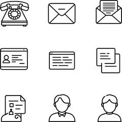 Communication and ID Silhouette Vector Featuring Phone, Envelopes, Documents, Profiles, and Person Icons in Line Art