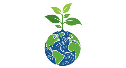 Symbolic representation of environmental protection with a growing plant on Earth globe