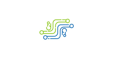 Modern Technology Circuit Board Design Concept, Green and Blue Connected Lines, Minimalist Style,