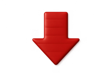 Red 3d down arrow icon indicating direction, download, or important information on transparent background