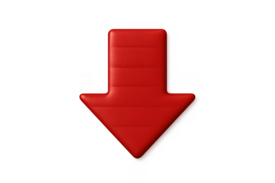 Red 3d down arrow icon indicating direction, download, or important information on transparent background - Powered by Adobe