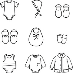 Baby Clothing Silhouette Vector Featuring Onesies, Romper, Bonnet, Mittens, Booties, Bib, and Cardigan in Line Art