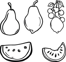 Fruit Silhouette Vector Featuring Pear, Lemon, Cherries, Watermelon Slice, and Bitten Melon in Minimal Line Art