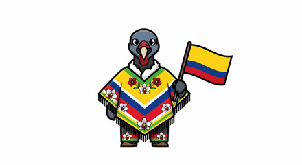 Obraz premium Charming cartoon bird character, resembling a pigeon, proudly displays the Colombian national flag while dressed in a vibrant, traditional floral poncho, celebrating national identity and culture