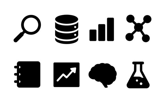 Set of black data science and research icons including magnifying glass, database, chart, network, notebook, brain, and flask. Flat icon style