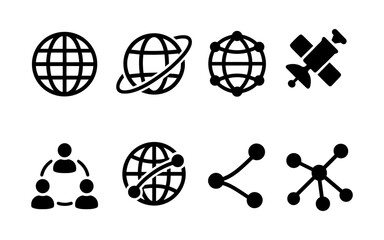Set of black global network and communication icons including globe, satellite, connected people, and share nodes. Flat icon style