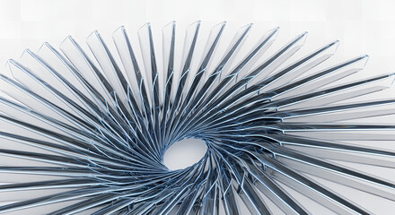 Futuristic glass panels arranged in an elegant spiral pattern, transparent reflective surfaces, minimal white background, 3D abstract render, modern architecture concept