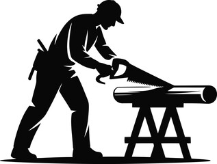 Obraz premium Man sawing a log on a sawhorse in a distinctive silhouette style