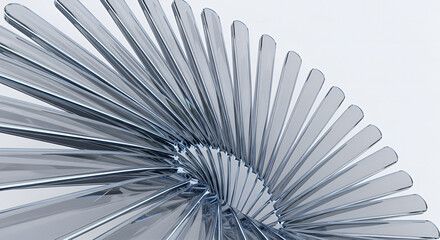Futuristic glass panels arranged in an elegant spiral pattern, transparent reflective surfaces, minimal white background, 3D abstract render.