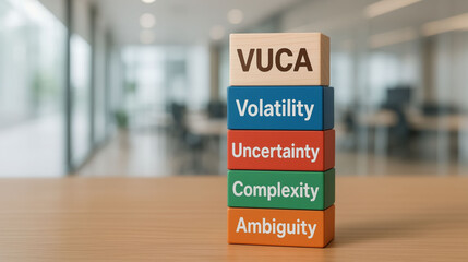 VUCA management concept showing volatility, uncertainty, complexity, and ambiguity blocks stacked on office desk symbolizing modern business challenges and adaptive leadership strategy