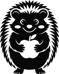 Obraz premium Charming silhouette of a hedgehog happily holding a white apple