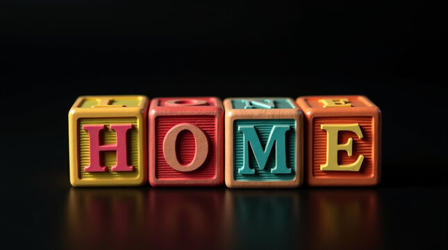 A vibrant display of alphabet blocks spelling out the word home against a dark backdrop, symbolizing comfort, family, and belonging, ideal for themes related to real estate, lifestyle, and interior de