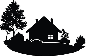 House and Tree Silhouette Vector Featuring Pitched Roof, Chimneys, Window, Shrubs, and Landscape Scene in Line Art