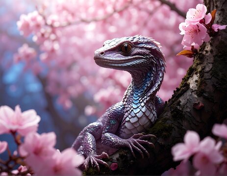 A fantastical lizard-like creature rests amongst blooming cherry blossoms