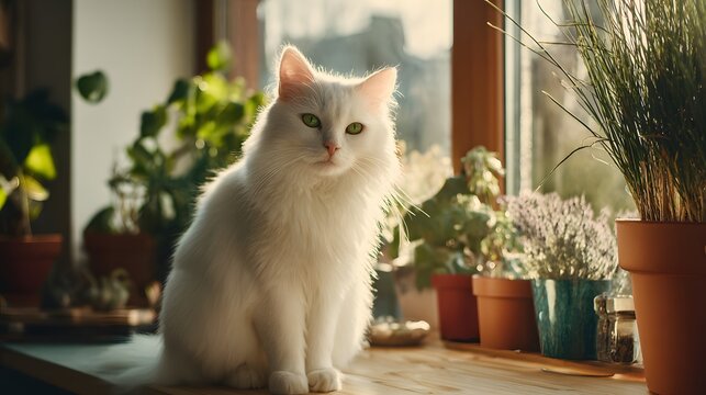Fluffy white feline with green eyes sits serenely on a sunlit windowsill surrounded by potted flora - Powered by Adobe