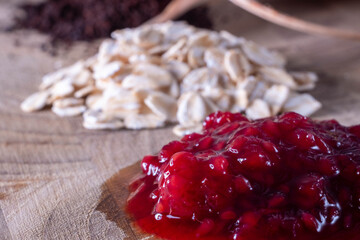 Breakfast items on a wooden stand