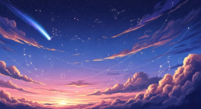 Dreamy cosmic sky with shooting star and constellations for magical designs