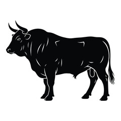 Powerful silhouette of a muscular bull standing proudly in profile view silhouette