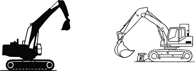 Excavator Silhouette and Line Art Vector Featuring Tracked Base, Cab, Arm, and Bucket in Construction Equipment Style