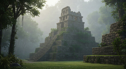 Ancient Mayan Temple Ruins in Lush Jungle