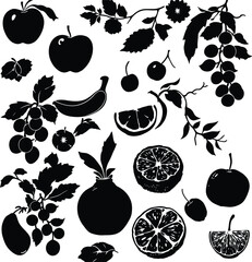 Fruit Silhouette Vector Featuring Apples, Bananas, Cherries, Grapes, Oranges, Pomegranates, Leaves, and Berries