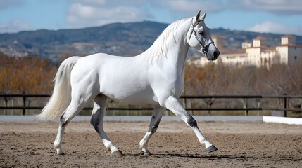 Magnificent pure white equine animal moves gracefully within an outdoor riding arena