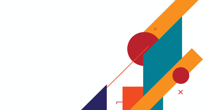 Abstract Geometric Background Template. Vibrant Bauhaus-Inspired Design with Teal, Orange, and Red Shapes on White Copy Space.