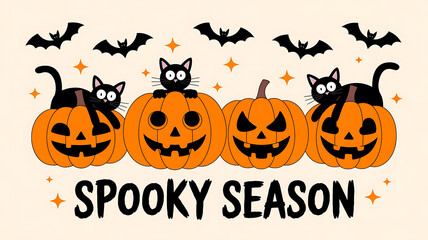 Spooky Season Halloween Scene with Black Cats and Pumpkins jack o lanterns