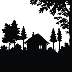 Forest Cabin Silhouette Vector Featuring Pitched Roof, Chimney, Trees, Bushes, and Tranquil Nature Scene in Line Art Style