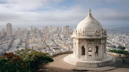 Ornate white stone pavilion overlooks dense metropolitan area receding into hazy distance