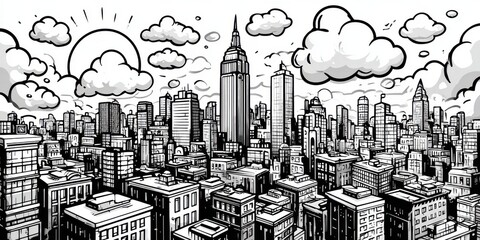 Fall cityscape background with iconic skyscrapers urban black and white