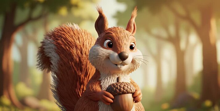 Cartoon squirrel holding an acorn in a forest setting.
