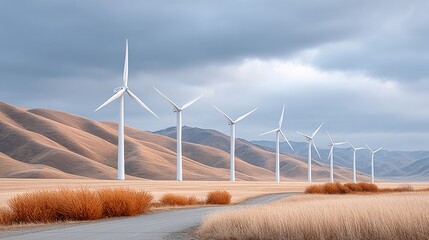Expansive View Of White Wind Turbines Lined Up Across Rolling Hills Under A Dramatic Cloudy Sky With Autumn Foliage In The Foreground
