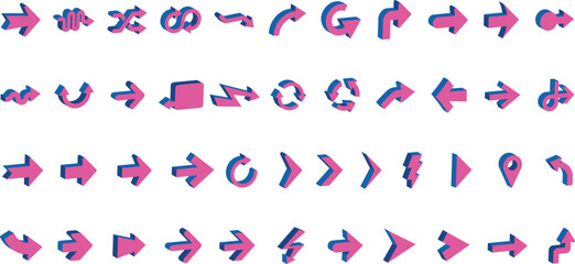 Set of 3d Pink arrows, arrow in different ways , different style arrow design, 3d arrow 