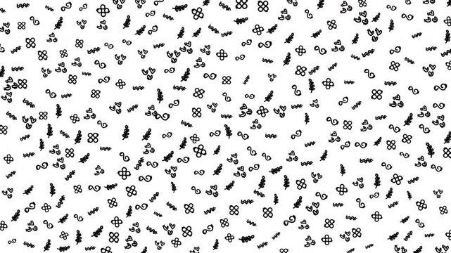 Black and white abstract pattern with scattered geometric shapes and symbols on white background, graphic design, top view, minimalistic concept
