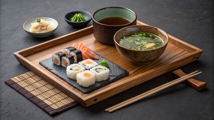 Elegant Japanese sushi meal set with maki rolls, sashimi, miso soup, and green tea on a wooden tray.